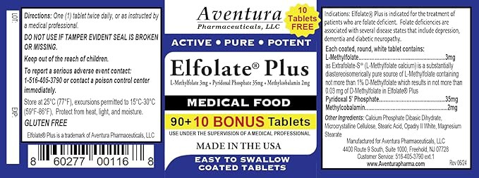 Plus® 3mg Bonus Pack 100 Tablets L-Methylfolate Methyl Folate Methylfolate Medical Food Supplement Professional Strength Active Pure Potent
