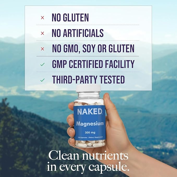 Naked Magnesium Glycinate Complex - 300mg Magnesium Supplement with Citrate &amp Malate - High Absorption Formula - Vegan Non-GMO Gluten-Free - 120 Capsules