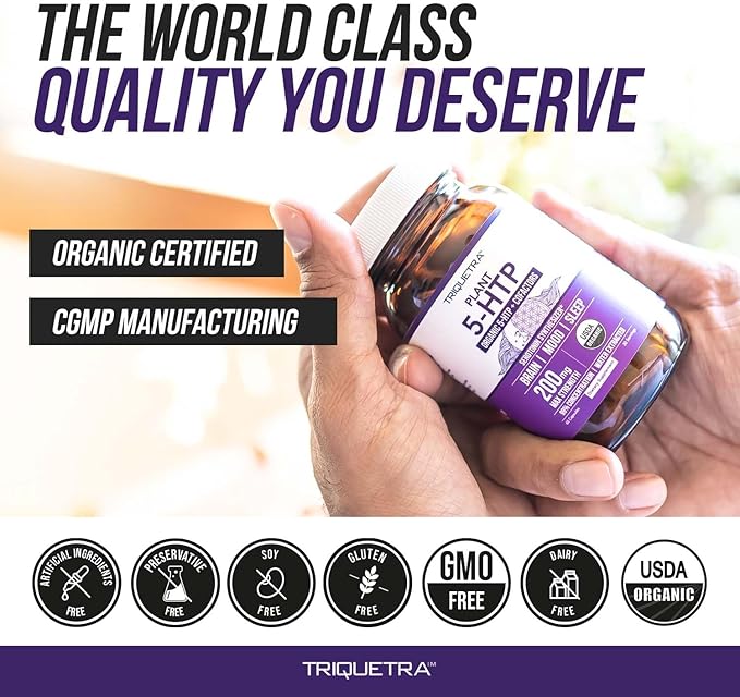 Organic 5-HTP - 200 mg | 99% 5HTP Concentration Plus Cofactor Vitamin B6 &amp Lion’s Mane | Water Extracted from Organic Griffonia Seeds | Supports Mood Cognition &amp Sleep (60 Capsules | 30 Serv