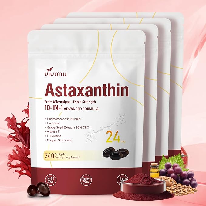 10 in 1 Astaxanthin Supplements 24mg 16 Month Supply Astaxantina Antioxidant from Haematococcus Pluvialis Contains Lycopene Grape Seed Vitamin E &amp More Supports Eye Joints Skin Health 4 B