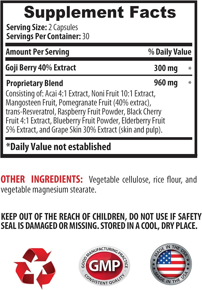 Immune Defense - Goji Berry Extract Complex - Natural Vitality Pills Powerful Antioxidant Pomegranate Extract Body Detox Complex Holistic Wellness Support Natural Energy Boost 2 Bot 120 Caps