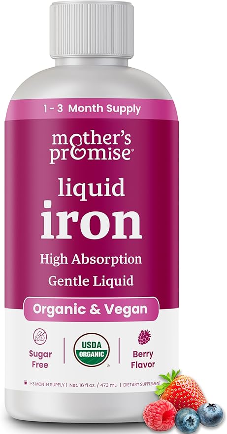 Organic Liquid Iron Supplement for Women Men &amp Kids with Vitamin C | Sugar Free Natural Berry Flavor Non Constipating Vegan Ferrochel® Iron Supplements for Healthy Blood Prenatal &amp Postnatal