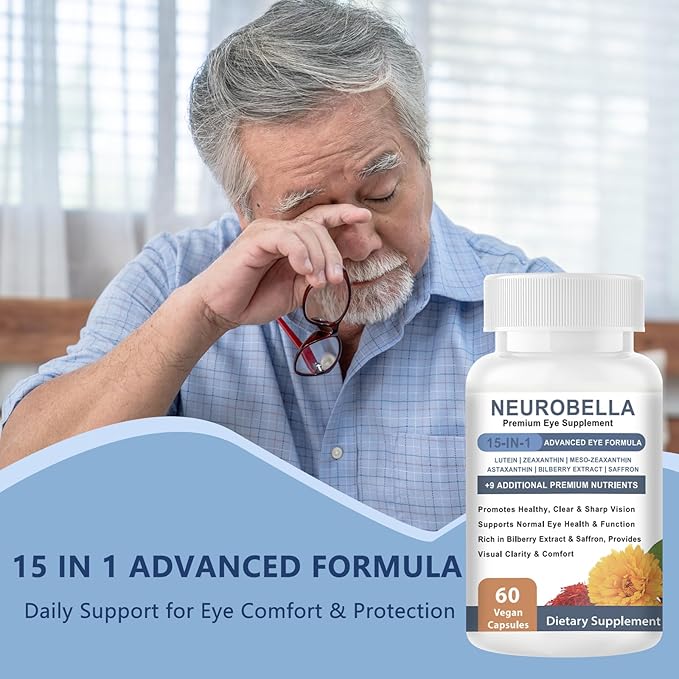 Neurobella Eye Formula 15-in-1 Eye Nutritional Support Capsules - Containing carotenoids (Lutein zeaxanthin etc.)Bilberry Extract and Saffron 60 Capsules