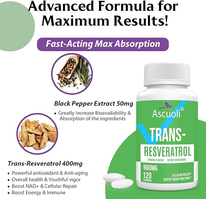 Sublingual Trans-Resveratrol Purity 99% 3-in-1 Advanced Formula Resveratrol Supplement for Boost NAD+ Immune &amp Energy Support Anti-Aging Skin Health &amp Antioxidant 240 Lozenge (240-Day Sup