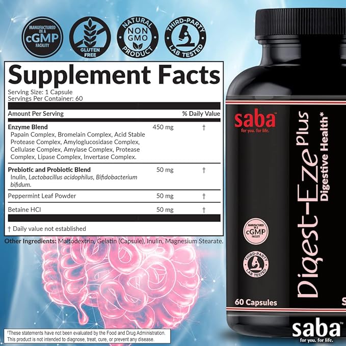 Saba Digestive-EZE Plus–Broad Spectrum Plant-Sourced Enzymes Prebiotics &amp Probiotics -Support Digestive &amp Gut Functions Immunity &amp Absorption with Betaine Bromelain -60 Capsules
