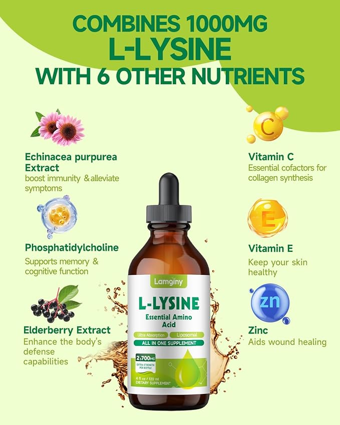 L-lysine 1000mg Supplement Liposomal Lysine Liquid Drops for Adults L-Lysine Liqud Drops 1000mg Lysine for Kids &amp Adults with Calcium Complex GABA Vitamins Skin &amp Lip Health Immune &amp