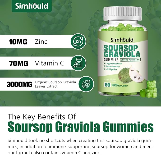 2 Pack Soursop Graviola Gummies - 3000mg Extra Strength Soursop Leaves Supplement with Vitamin C Zinc - Digestive Aid Immune Support &amp Antioxidant - Sugar-Free Non-GMO Vegan 120 Counts