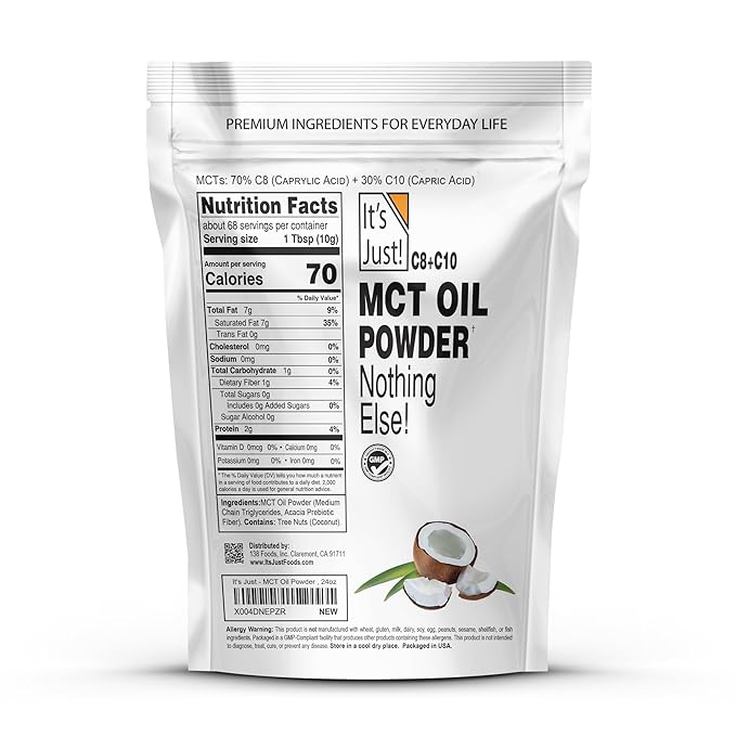 It's Just! MCT Oil Powder With Prebiotic Fiber - Keto Non-GMO C8 C10 Coffee Creamer - 24 oz