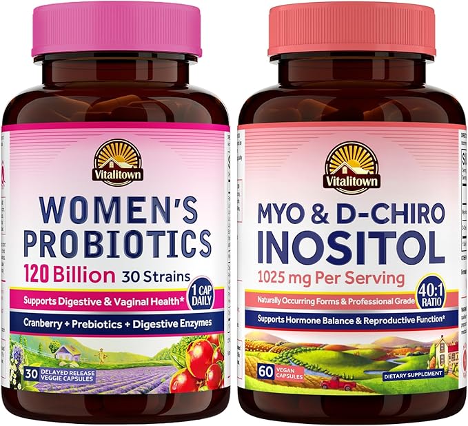 Vitalitown Women's Complete Health Bundle - Probiotics 120 Billion CFUs 30 Strains + Cranberry + Myo-Inositol &amp D-Chiro Gut Health Vaginal Health &amp Hormone Balance Support Vegan