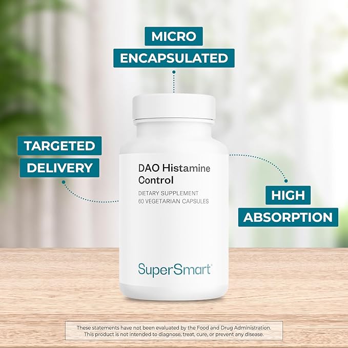 Supersmart DAO Histamine Control (High Potency) - Micro-Encapsulated Pea Sprouts DAO Enzyme - Enhanced with Quercetin &amp Vitamin C - Diamine Oxidase Supplement | Vegan - 60 Vegetarian Capsules
