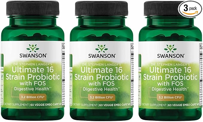 Swanson Dr. Stephen Langer's 16-Strain Probiotic with Prebiotic FOS for Gut-Health-Conscious Adults with 3.2 Billion CFU (60 Vegan Capsules 3 Pack)