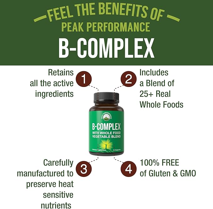 Vitamin B Complex Capsules + Whole Food Blend of 25 Vegetables and Fruits for Max Absorption. Best Vegan B-Complex Supplement with Vitamin B1 B2 B3 B5 B6 B7 B9 and B12. 90 Capsules. Energy Boost