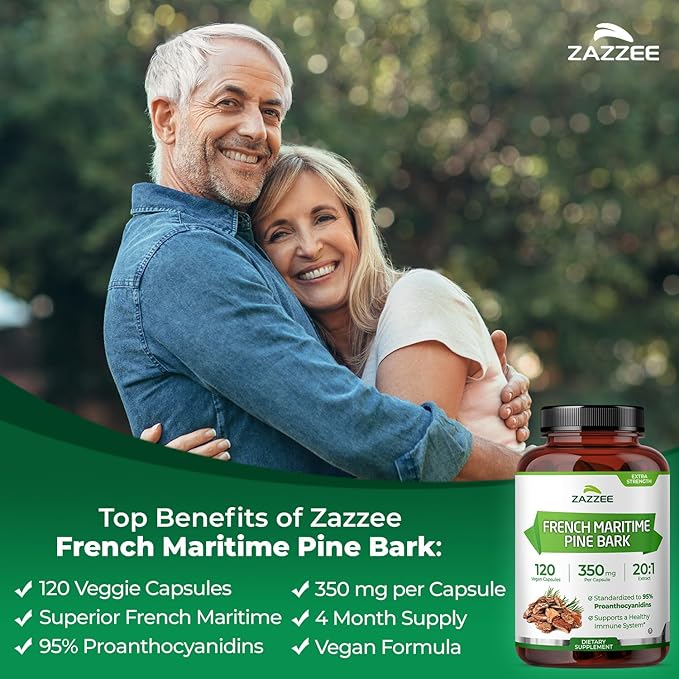Zazzee Extra Strength French Maritime Pine Bark Extract 20:1 350 mg Per Capsule 95% Proanthocyanidins 120 Vegan Capsules 4 Month Supply Certified Kosher Antioxidant Support Non-GMO Made in USA