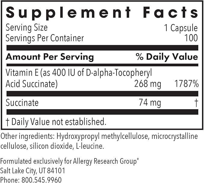 ARG Vitamin E Succinate - 400 IU d-Alpha-Tocopheryl Succinate - Antioxidant &amp Energy Support - Dry Powder Vegetarian Capsules - Hypoallergenic Formula - 100 Servings - 100 Capsules
