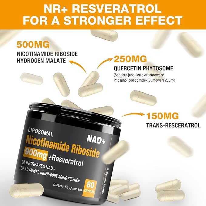 NAD Supplement - NAD+ with Nicotinamide Riboside (NR) and Resveratrol Quercetin 900mg Pure Organic NAD Plus for Cellular Repair Healthy Aging Brain Function 80 Capsules