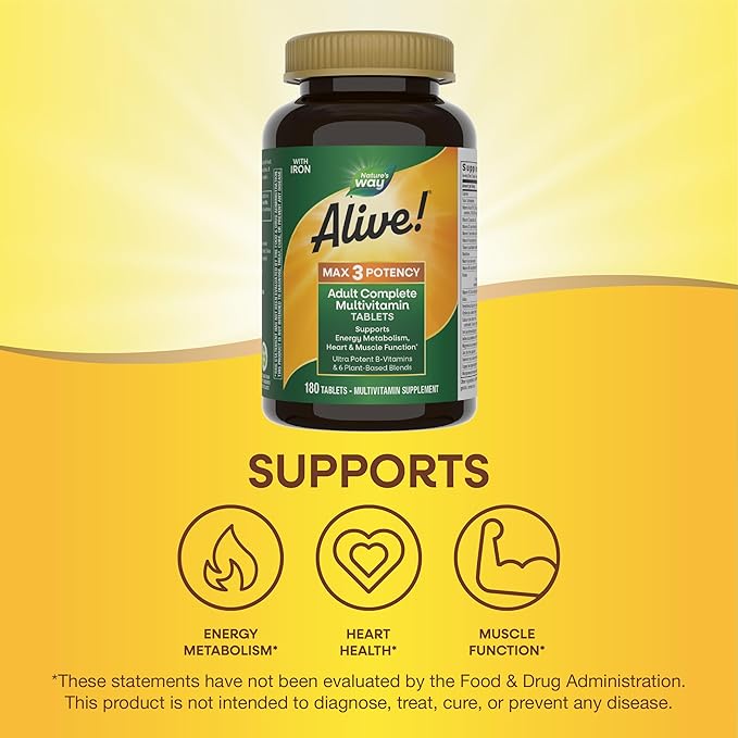 Nature's Way Alive! Max3 Potency Daily Multivitamin Methylated B12 and Folate Ultra Potency B-vitamins to Support Energy Metabolism* 180 Tablets