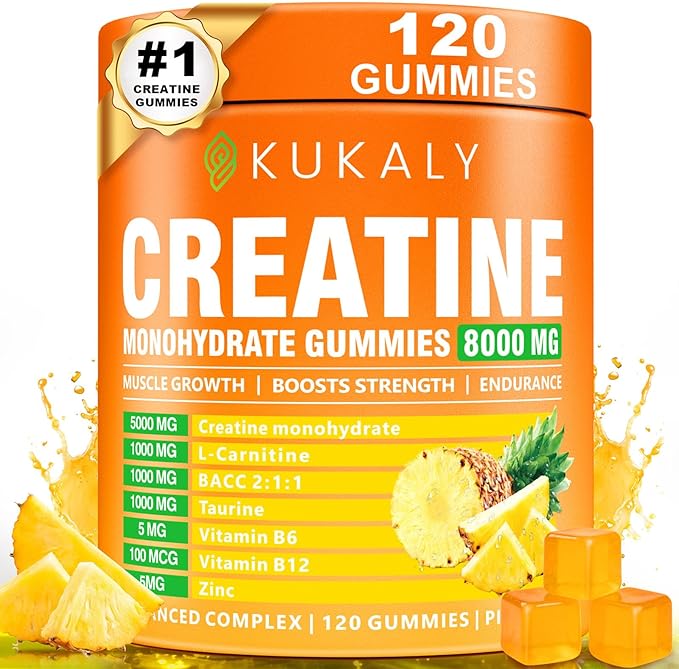 KUKALY Creatine Monohydrate Gummies for Men &amp Women 8500MG Creatine Gummies Sugar Free Pineapple Flavored with L-Taurine BCAA 2:1 B12 B6 for Boost Strength Focus &amp Endurance Vegan Non-GMO