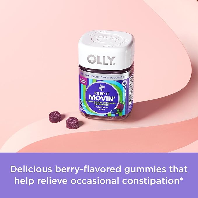 OLLY Fiber Gummy Rings 5g Prebiotic Fiber FOS (Fructo-oligosaccharides) Digestive Support Berry Melon 50ct &amp Keep it Moving Constipation Relief Rhubarb Prunes Amla - Plum Berry Flavor - 30c
