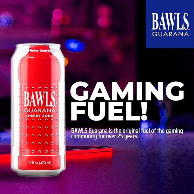 BAWLS Guarana Cherry BAWLS Guarana Drink Guarana Soda Guarana Fueled Soda for Energy High Energy Caffeinated Drink 16oz 12 Pack Cans