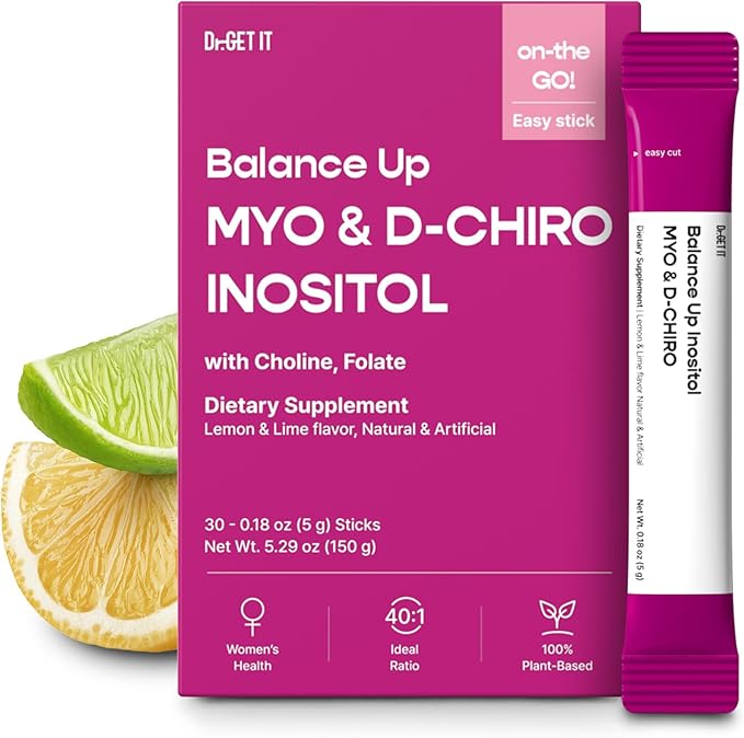 Balance Up Inositol 40:1 Myo &amp D-Chiro with Folate(Vitamin B9) &amp Choline – Hormone Balance &amp Reproductive Health Support for Women – Lemon Lime Stick Powder 30 Servings