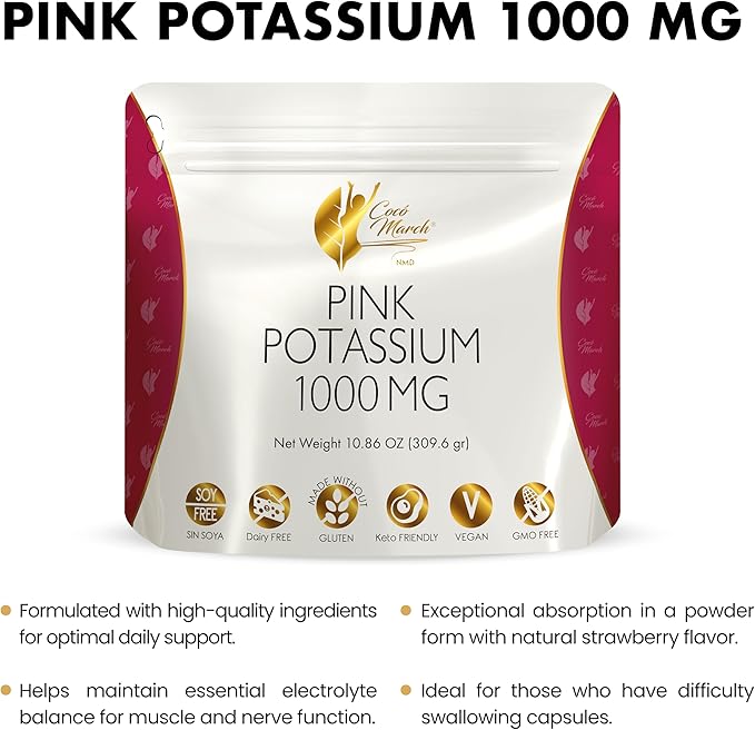 Cocó March N.M.D Pink Potassium Electrolytes Powder – Potassium Supplement for Hydration Muscle Bone &amp Heart Support – Gluten Free Dairy Free Vegan Keto Friendly - Natural Lemon Flavor 10.86