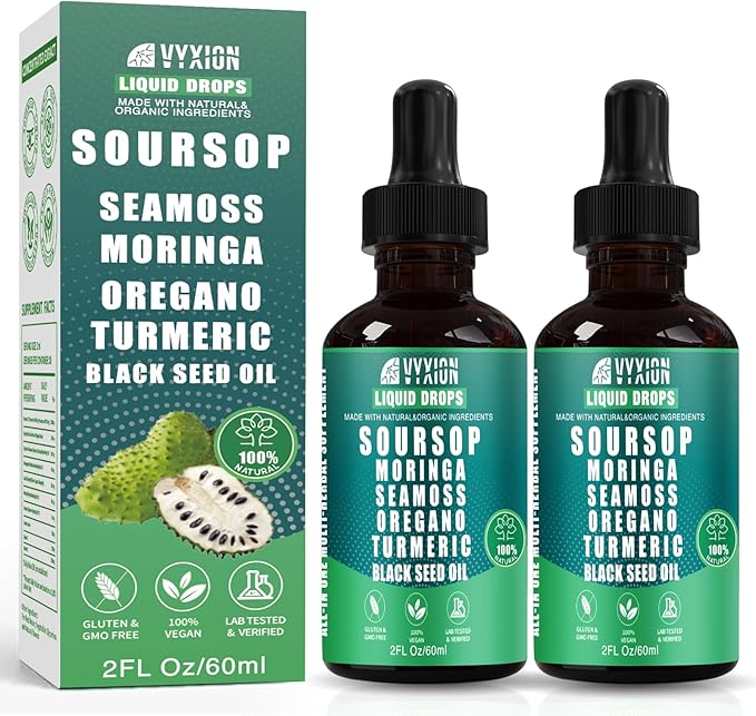 Vyxion Soursop Bitters Liquid Drops 10 in 1 with Sea Moss Moringa Turmeric Black Seed Oil Oregano Ashwagandha | Herbal Extracts for Overall Health-Enhancing |Vegan Non-GMO| 4 Fl Oz