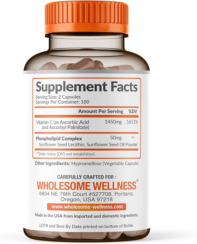 Wholesome Wellness Liposomal Vitamin C Capsules (200 Pills 1500mg Buffered) High Absorption Immune System &amp Collagen Booster High Dose Fat Soluble Immunity Support Ascorbic Acid Natural Vegan