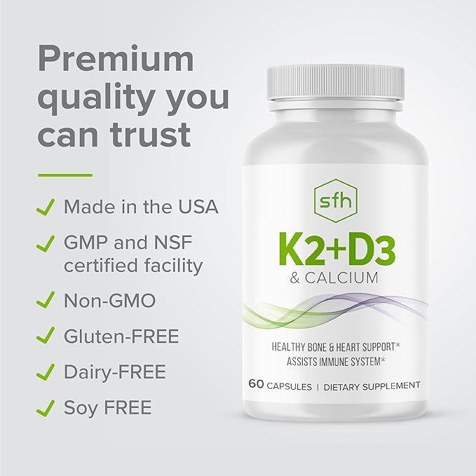 SFH Vitamin K2 D3 with Calcium | K2 MK7 + Vitamin D3 Supplement for Bone &amp Heart Support | with BioPerine for Absorption | Non-GMO | 60 Capsules