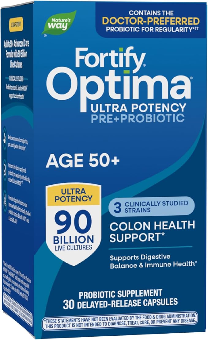 Nature's Way Fortify Optima Probiotic for Adults 50+ 90 Billion Live Cultures 15 Strains Colon Health* Supports Digestive Balance and Immune Health* 30 Capsules (Packaging May Vary)