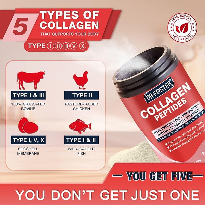 DRFOSTER Multi-Collagen-Peptide-Powder with Probiotics 50 Servings of Hydrolyzed Collagen Peptides with Hyaluronic Acid Biotin &amp Multivitamins - Supports Skin Hair Nails Health (Pack of 2)