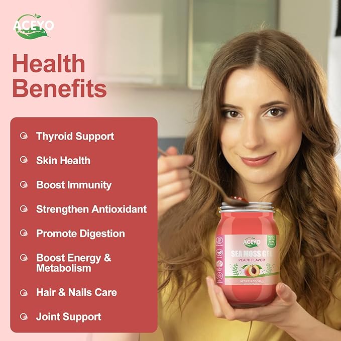 (18 OZ) Irish Sea Moss Gel Organic Raw Vegan Peach Flavor 102 Vitamins and Minerals Wild Harvested Non-GMO Immune Defense Booster Thyroid Digestive Support