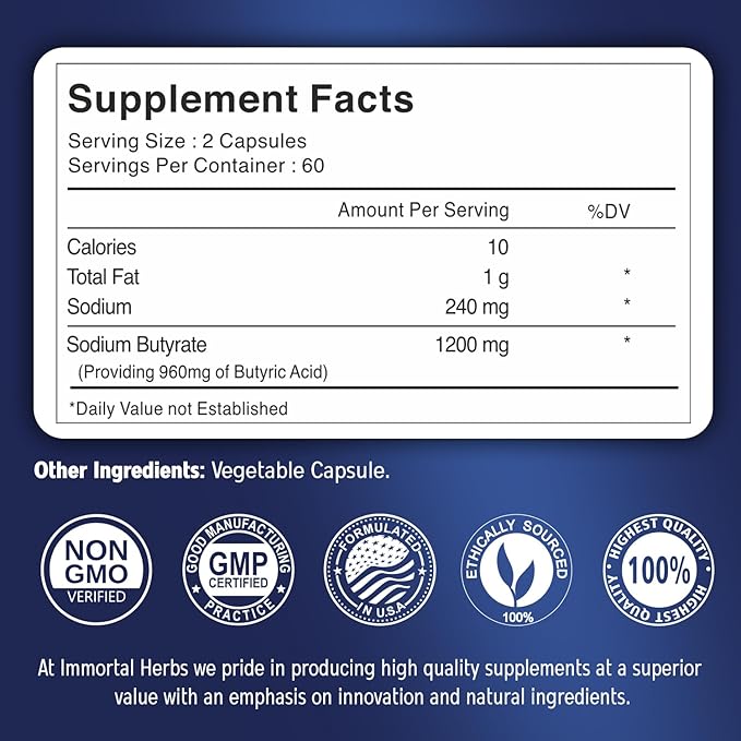 Sodium Butyrate Capsules 1200mg High Absorption Postbiotic 120 Count Standardized Butyric Acid Vegan Non-GMO &amp Gluten-Free Butyrate Supplement for Women and Men