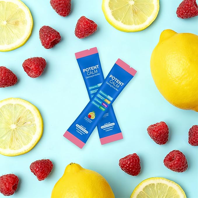 PotentCalm Super Cortisol Drink Magnesium Glycinate Powder L-theanine Ashwagandha Vitamin D No Sugar Raspberry Lemonade Electrolytes Powder - 30 Servings