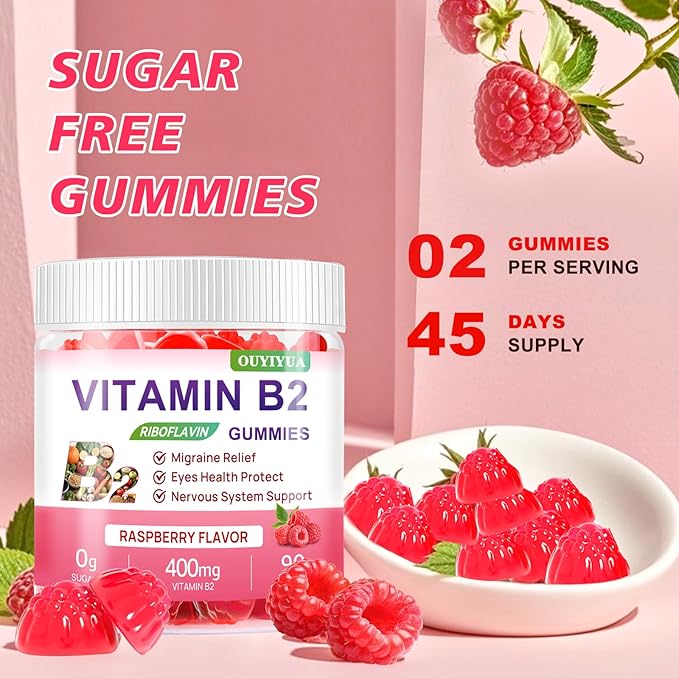 Vitamin B2 Gummies Riboflavin 400mg Supplement with Magnesium for Kids &amp Adults B2 Gummies for Migraine Relief Headache Relief &amp Nervous System Support Vegan Sugar-Free Raspberry Flavor 90