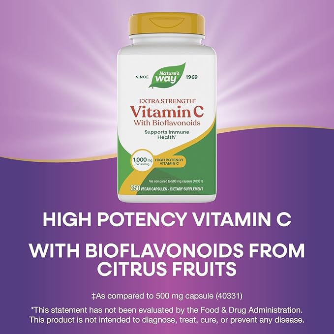 Nature's Way Extra Strength(1) Vitamin C with Bioflavonoids Supports Immune Health* Promotes Collagen Production for Healthy Skin* 1000 mg per Capsule 250 Vegan Capsules (Packaging May Vary)