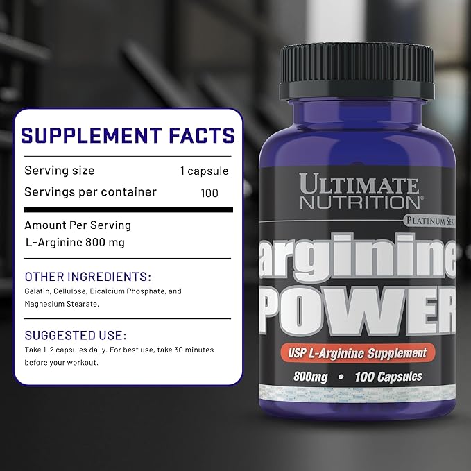 Ultimate Nutrition Arginine Power Supplement for Men &amp Women - Amino Acid Supplement with 800mg of L-Arginine for Nitric Oxide Production Bodybuilding Performance &amp Muscle Growth - 100 Capsu