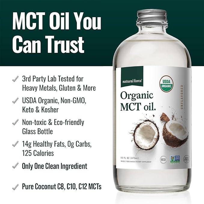 Natural Force Organic MCT Oil – Pure Glass Bottle – Made from 100% Virgin Coconut Oil + Certified Keto Paleo Kosher Vegan &amp Non-GMO – Lab Tested for Quality and Purity - 32 Ounce