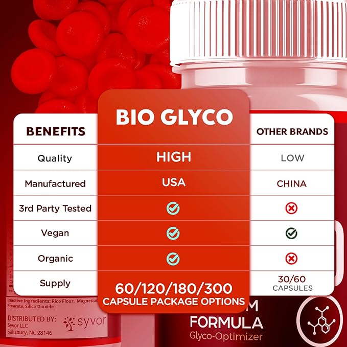 Bio Glyco Capsules Official BioGlyco Blood Health Support Pills with All Natural Ingredients Advanced Formula Blood Optimizer with Maximum Strength Premium Vitamins for Women &amp Men (60 Capsules)
