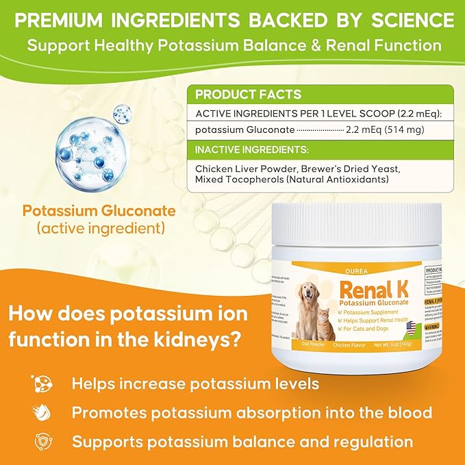 Renal K Potassium Gluconate for Dogs &amp Cats – 2.2 mEq per Scoop – Supports Kidney Function Restores Potassium Levels – Boosts Energy – Muscle Strength – Vet-Recommended