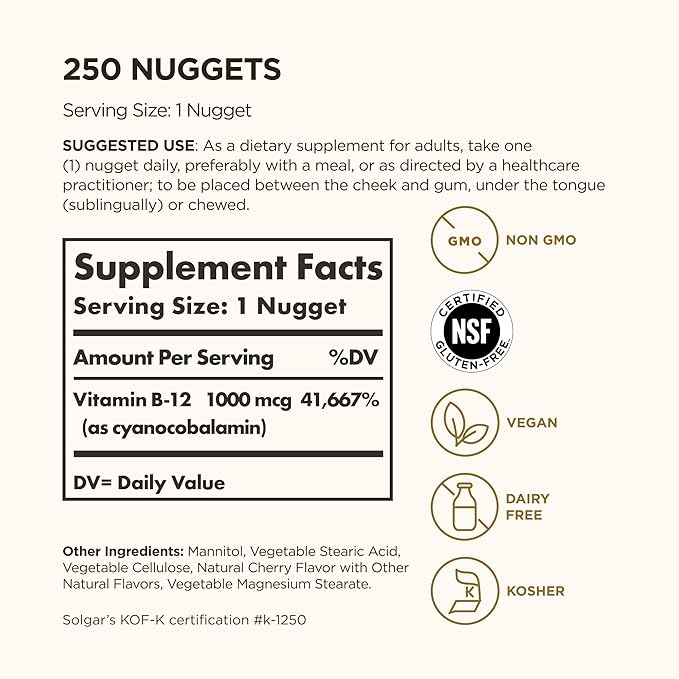 Solgar Vitamin B12 1000 mcg 250 Nuggets - Supports Production of Energy Red Blood Cells - Healthy Nervous System - Promotes Cardiovascular Health - Vitamin B - Non-GMO Gluten Free - 250 Servings