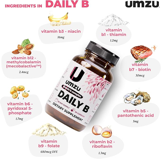 UMZU Daily B 30 Day Supply – Complete Vitamin B Complex Supplement Blend with B1 B2 B3 B5 B6 B7 B9 &amp B12 Plus Folic Acid &amp Biotin – Supports Energy Focus Mood Metabolism &amp Overal