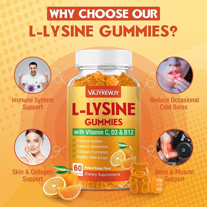 L-Lysine Gummies 1000 mg for Immune Support Delicious Orange Flavor Vegan Non-GMO Gluten-Free – 120 Count