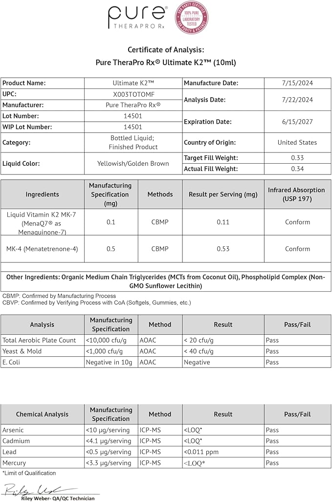 Pure Therapro Rx Ultimate K2 Supplement | Liquid Liposomal Vitamin K2 Drops | 90 Servings | 600mcg Vegan K2 as MK4 &amp MenaQ7 MK7 | Supports Bone Health Heart Health Skin &amp Hair | 10 mL
