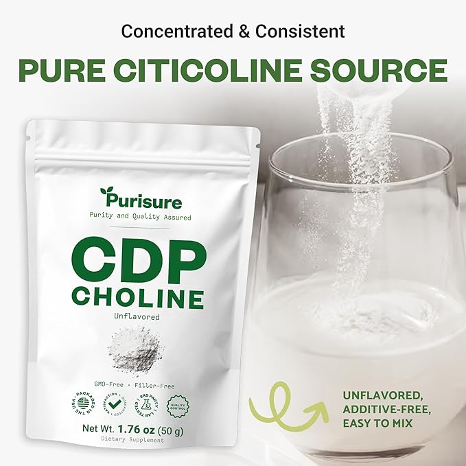 Purisure CDP Choline Powder 50g CDP Choline Supplements That Support Attention Focus and Energy Citicoline Powder for Cognitive Function Increases Motivation and Productivity 200 Servings