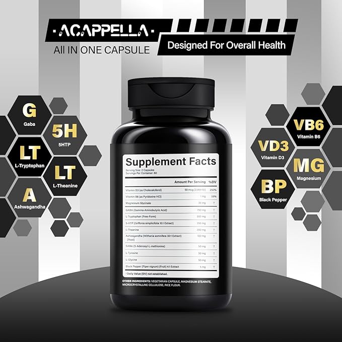 ACAPPELLA Ashwagandha Supplements with GABA Supplement 5-HTP L - Theanine Capsules and L-Tryptophan Capsule - 120 Count