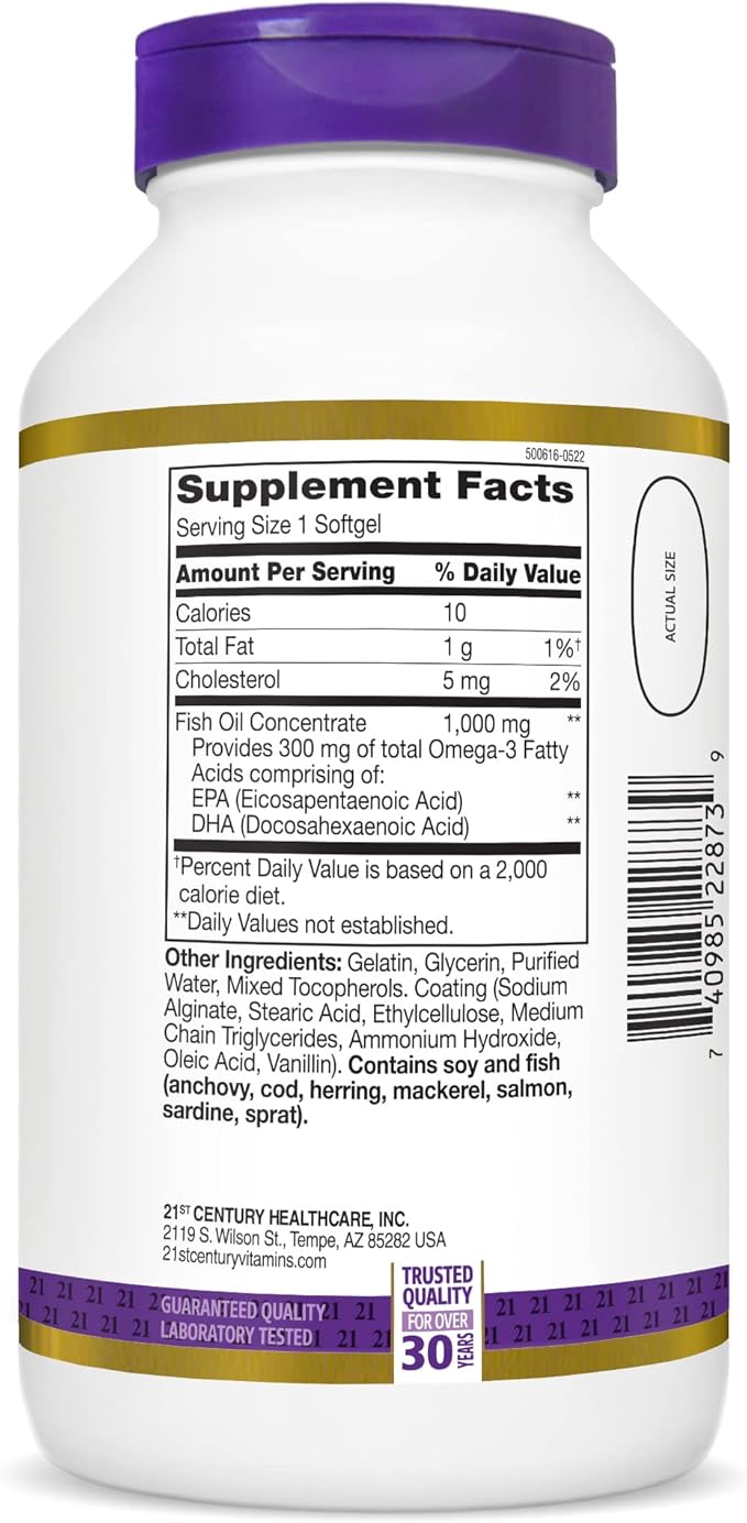 21st Century Fish Oil 1000 Mg Enteric Coated Softgels 180Count
