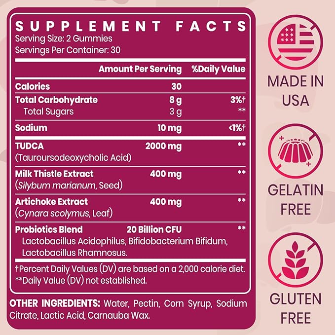 Premium TUDCA Bile Salts Gummies - 2000mg High Potency Liver Support Supplement Liver Detox &amp Repair with Milk Thistle Artichoke Probiotics - Vegan 30 Servings