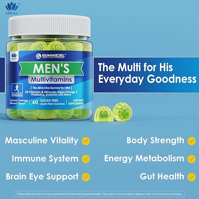 Mens Multivitamins Gummies Methylated Multivitamin for Men B Complex Minerals Vegan Omega 3 Probiotic Enzyme Antioxidants for Men's Complete Daily Support Sugar Free Vegan (No Iron) 60 Counts