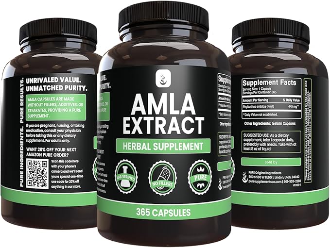 PURE ORIGINAL INGREDIENTS Amla Extract (365 Capsules) No Magnesium Or Rice Fillers Always Pure Lab Verified