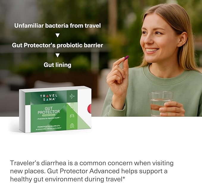 Travel Probiotics for Digestive Health Immune Support &amp Occasional Traveler’s Diarrhea | Probiotics for Gut Health | Travel Essentials Supplement | Gut Protector | 30 Vegan Caps